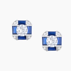 GENEVIVE JEWELRY White Gold Plated with Sapphire Blue CZ Geometric Stud Earrings